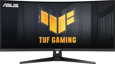 A curved computer monitor displaying a gaming logo and text.