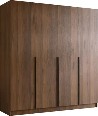 A front view of a four-door wardrobe with a wood grain finish.
