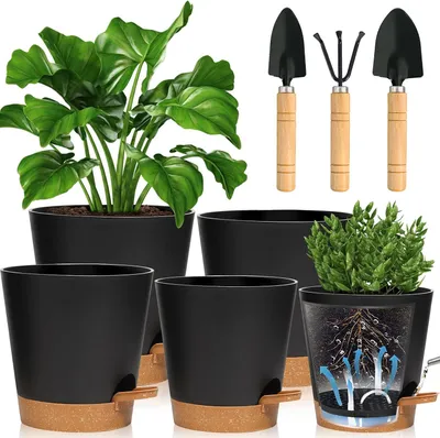 Image de Lot de 5 pots de fleurs en plastique noir
