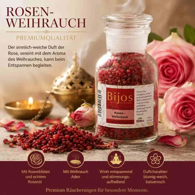 Produktbild von Bijos Select Räucherwerk in 125 ml Glasfläschchen Rosenweihrauch - wirkt entspannend und stimmungsaufhellend