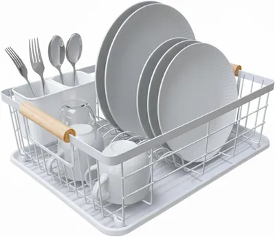 Immagine prodotto di Scolapiatti - Portaoggetti da cucina - Organizzazione della cucina - Maniglie in legno - 42 cm - Bianco