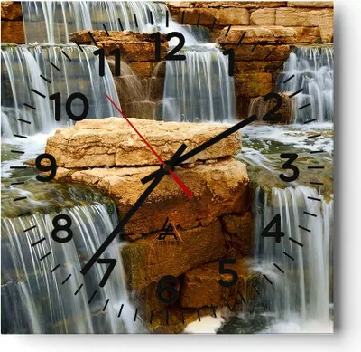 Produktbild von Wanduhr - Quadrat - Glasuhr - Wasserfall Steine Wasser - 40x40cm - Schleichendes Uhrwerk - Lautlos - zum Aufhängen bereit - Dekoration Modern - Wanddekoration aus Glas - C4AC40x40-0122