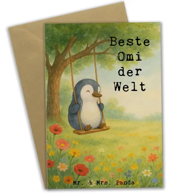 Produktbild von Mr. & Mrs. Panda Grußkarte Pinguin Beste Omi der Welt Design - Weiß - Geschenk, einladungskarten, vatertagskarte, Enkelkind, Geburtstag, Oma, Enkel, weihnachtskarten