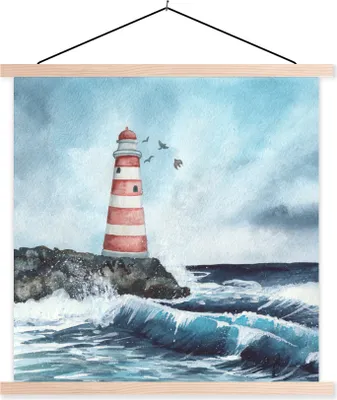 Produktbild von MuchoWow® Textilposter Meer - Golf - Leuchtturm 60x60 cm mit holzfarbenen Rahmen - Wanddekoration