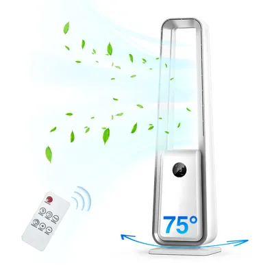 A bladeless tower fan is shown with green leaves and blue airflow graphics to illustrate its function.