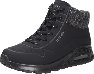 A black Skechers high-top sneaker with a gray knitted collar.