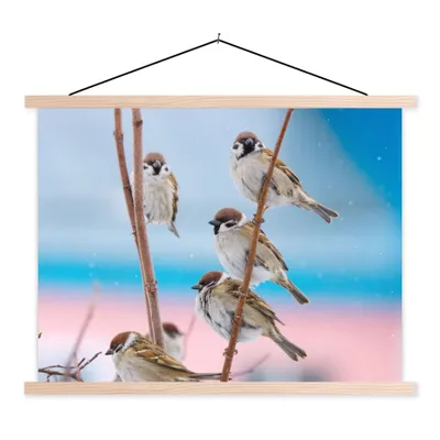 Produktbild von MuchoWow® Textilposter Vögel - Spatz - Tiere - Äste 40x30 cm mit holzfarbenen Rahmen - Bilder