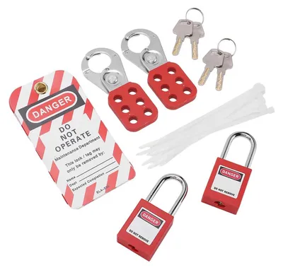 Obrázek produktu pro Elektrická sada pro zajištění a označení (Lockout/Tagout) obsahující 21 dílů, včetně bezpečnostních zámků a závor