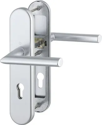 A silver door handle set with a keyhole is shown against a white background.