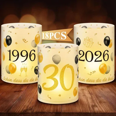 Produktbild von 18Pcs Windlichter Tischdeko 30. Geburtstag - Deko 30. Geburtstag Männer und Frauen - Schwarz Gold Happy Birthday Tischdeko für Teelichter oder Kerzen