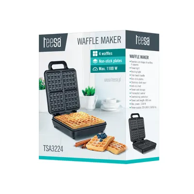 Obrázek produktu pro Teesa TSA3224, 4 vafle/vaflí, Čtverec, Černá, Nerezová ocel, Nerezová ocel, 0,68 m, 1100 W