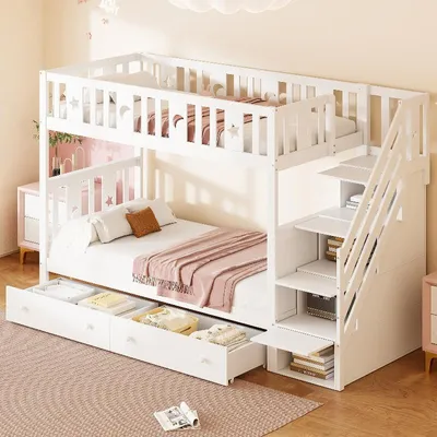 Produktbild von Kinder Etagenbett 90x200 weiß, Massivholz Etagenbett mit Stauraumtreppe, 2 Schubladen und Lattenrost, 252x95x160cm
