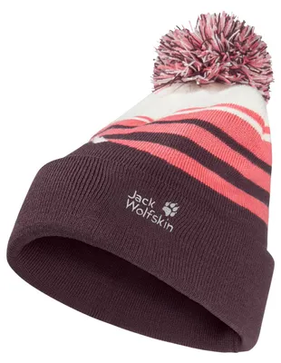 Zdjęcie produktu dla Czapka zimowa dla dzieci uni Jack Wolfskin, wzór w paski, z pomponem, kolor amarantowy, rozmiar S (EU)