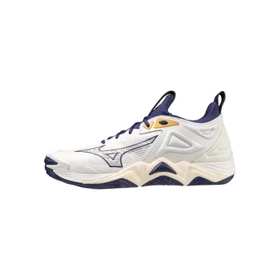 A side view of a white Mizuno Wave Momentum 3 men's volleyball shoe with navy and gold accents, isolated on a white background.