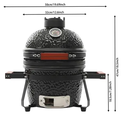Image de Gril Kamado - Barbecue en céramique au charbon de bois - Diamètre de 50 cm - Avec thermomètre - Barbecue de camping rond - Pour une utilisation en extérieur
