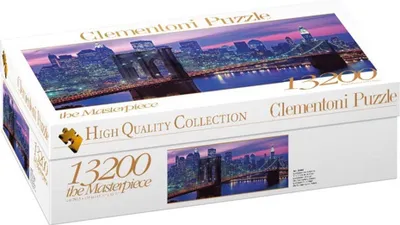 A product box for a Clementoni puzzle featuring an image of the Brooklyn Bridge at night.