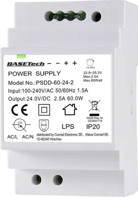 Produktbild von Basetech BT-2250321 Hutschienen-Netzteil (DIN-Rail) 24 V 2.5 A 60 W Anzahl Ausgänge:2 x Inhalt 1 St.