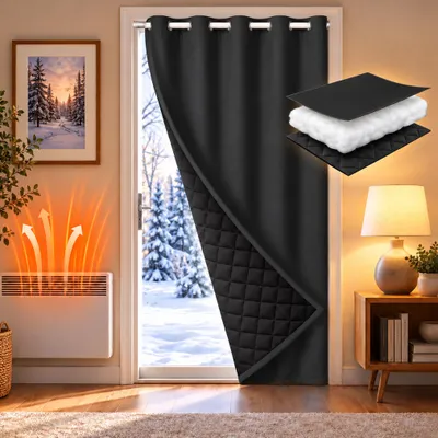 Zdjęcie produktu dla 132x203 cm, zasłona na drzwi, termoizolacyjna, ochrona przed zimnem, 405 GSM, z przelotkami, termoizolacyjna, zaciemniająca, wodoodporna, nieprzezroczysta, jednolita, zasłona na drzwi, czarna, z sznurkiem