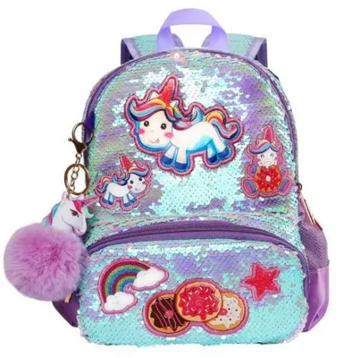 Immagine prodotto di Zaino per bambine, tema unicorno, con paillettes, colore lilla, 28 cm