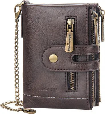 Image de Porte-monnaie en cuir pour homme avec double chaîne antivol double zip poche monnaie avec fenêtre pour carte d'identité, chocolat