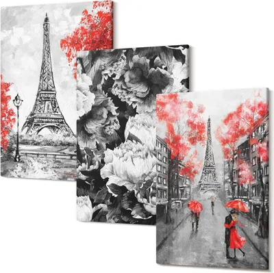 Produktbild von Leinwandbild – Wandbild – Leinwandbilder – Kunstdruck – Polycanvas – Modern – Mehrteilig – 3-Teilig Set – Hochwertig – Geruchslos – Lichtecht – Fertig Aufgespannt – 40x60 Cm Je Teil - Graue Gemälde vom Eiffelturm mit roten Akzenten