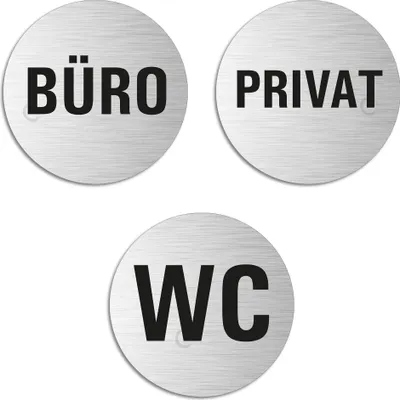 Produktbild von Türschild Wortschild Büroschilder 3er-Set WC + Privat + Büro Ø 75 mm Aluminium Edelstahloptik