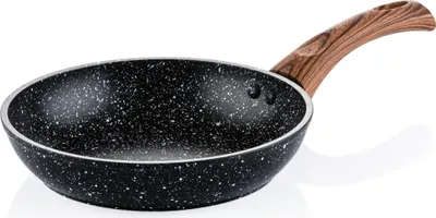 A frying pan with a speckled black interior and a wood-grain handle, isolated on a white background.