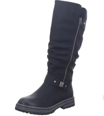 A black knee-high boot is shown against a white background.