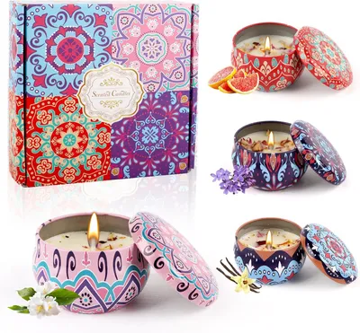 Produktbild von Geschenkset, 4 Stück Aromatherapie-Kerzen mit Sojawachs in Dosen, Set zum Selbermachen von Kerzen, kleines Geschenkset, Duftkerzen