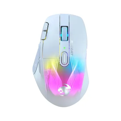 A white Roccat Kone XP Air gaming mouse with RGB lighting.