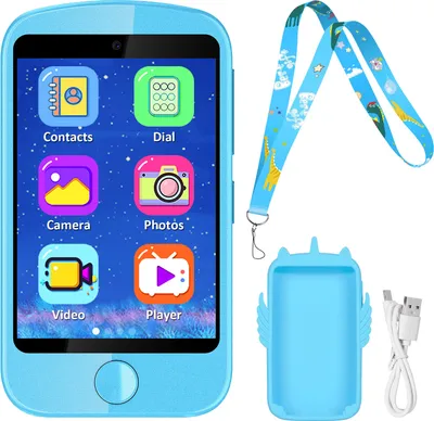A blue children's smartwatch and its accessories are displayed against a white background.