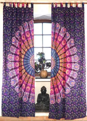 Produktbild von Boho Vorhänge, Gardine (1 Paar ) mit Schlaufen, Handbedruckter Ethno Style Vorhang, Mandala Motiv - Lila/gelb/pink, Violett, Baumwolle, 230*100*0,2 cm, Dekovorhänge