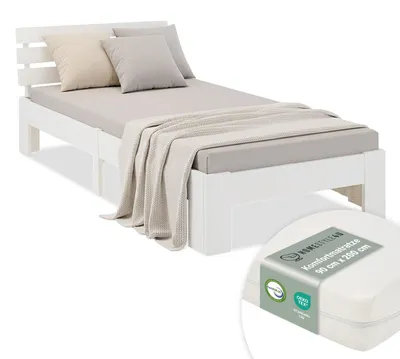 Image de Lit simple en bois 90x200 avec matelas blanc pin Cadre de lit en bois massif sommier à lattes