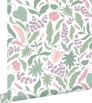 Immagine prodotto di ESTAhome carta da parati foglie e fiori viola, rosa e verde 50 x 900 cm