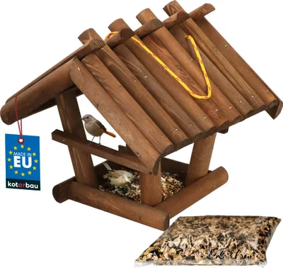 Productafbeelding van KOTARBAU® Hangend Houten Vogelvoederhuisje - Hout - 27x28x26 cm - Bruin Kleur - Vogelvoederhuisje Om Op Te Hangen - Vogelvoer 0.5 kg - Weerbestendig - Voor Tuin Balkon Terras