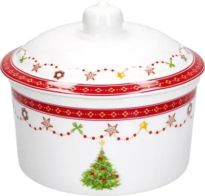 A white ceramic round container with a lid, decorated with Christmas-themed motifs.