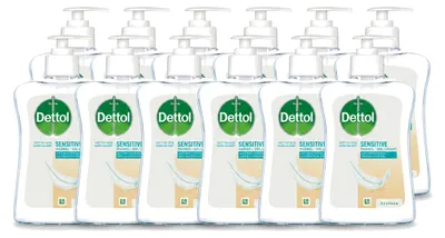 Obrázek produktu pro 12 kusů tekutého mýdla Dettol pro citlivou pokožku – jemné a pečující – 250 ml – výhodný balení – 12 kusů