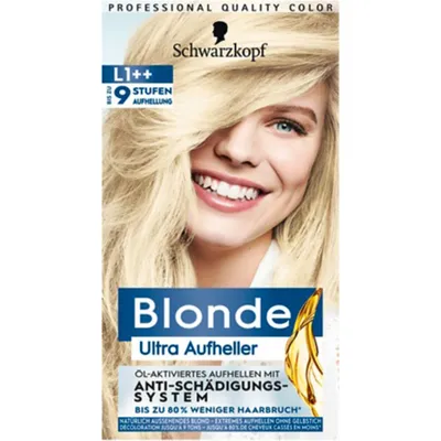 A box of Schwarzkopf hair dye, featuring a model with blonde hair.