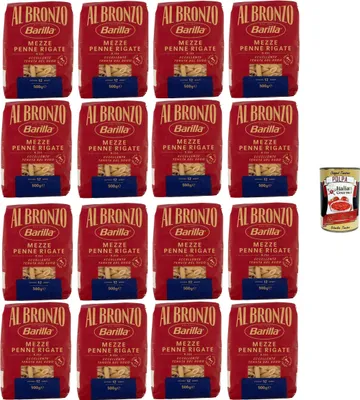 Produktbild von Barilla Al Bronzo Pasta Mezze Penne Rigate Bronze Gezogene Pasta Rohe Verarbeitungsmethode 16x 500gr + Italian Gourmet polpa 400g