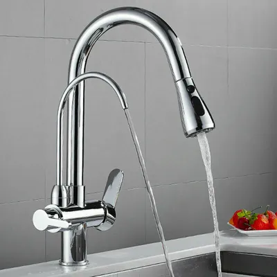 A chrome kitchen faucet with a pull-out spray head and a separate filtered water spout is shown in a kitchen sink setting.