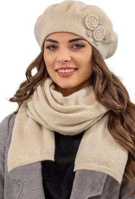 Produktbild von Vivisence damen baskenmütze eleganter wintermütze und schal set warm kopfbedeckung und halsbedeckung an winter und herbst warm dick, winterset für frauen, hergestellt in der eu, beige, einheitsgröße