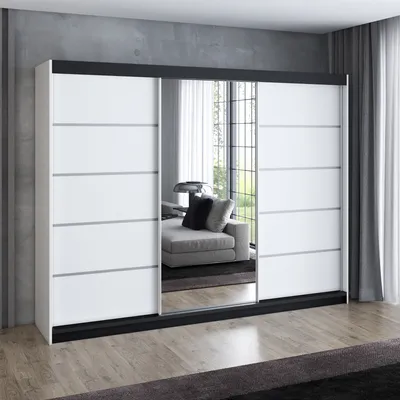Produktbild von Schwebetürenschrank 200 cm, 3-türig, mit Spiegel & 4 Schubladen, Retro-Stil, modern, in Weiß/Schwarz/Sonoma – Kleiderschrank Velturo 3