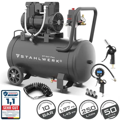Produktbild von STAHLWERK Kompressor 10bar 50 L Set mit Reifenfüller Schlauch Pistole Verteiler