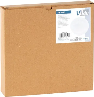 A cardboard box with a label showing product information and a picture of a plate.