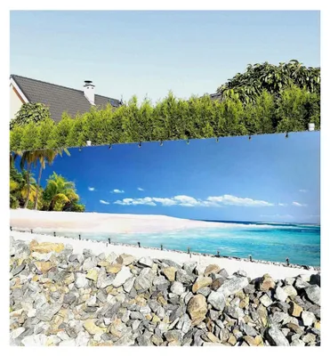 Produktbild von Zaunbanner Sichtschutz - Urlaubsort mit Palmen und Strand - Abdeckung für Terrasse und Zaun - Windschutz und Sonnenschutz - Wetterfeste Zaunverkleidung