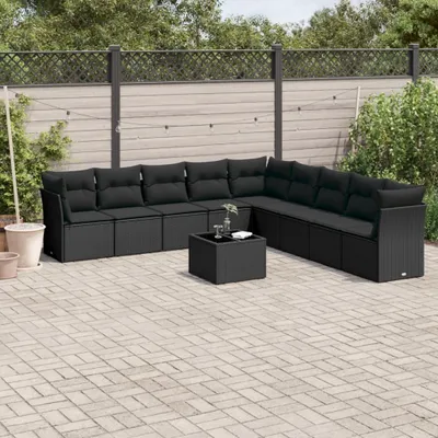Produktbild von Design 10-tlg. Garten-Sofagarnitur mit Kissen Schwarz Poly Rattan, Gartenmöbel-Sets 2024