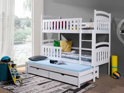 Produktbild von KEF Katrin Etagenbett Kinder Etagenbett 3 Personen Holz Kinderbett mit Schubladen ohne Matratze Leiter Rechts Weiß 90x180 cm