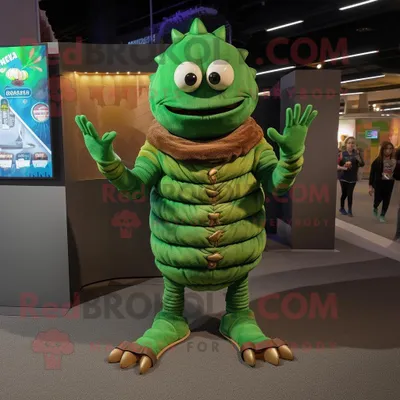 Productafbeelding van Groene Trilobiet mascotte REDBROKOLY kostuum karakter gekleed met een Cardigan en armbanden