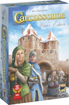 The image shows the front and side panel of a board game box for Carcassonne Winter Edition, set against a snowy castle background.