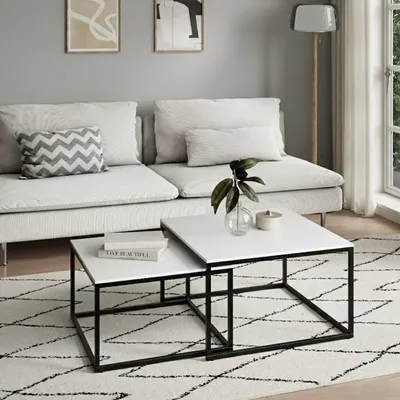 Produktbild von Couchtisch 2er Set aus Holz Wohnzimmertisch Modern in Beistelltisch Set 2 in 1 mit Metallgestell für Wohnzimmer, quadratisch, weiß
